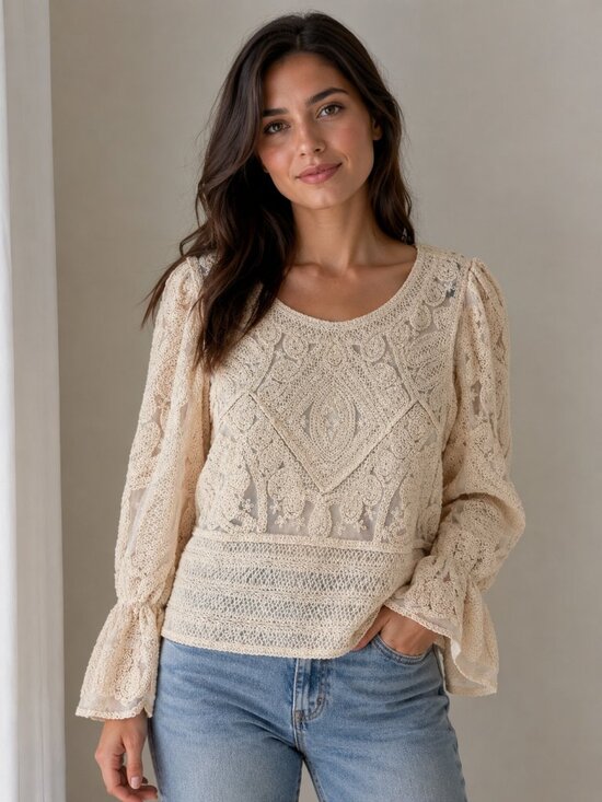 Ultra Pink Tops - Ultra Pink Ivory Lace Blouse Medium Bell Sleeve Lined Boho Romantic